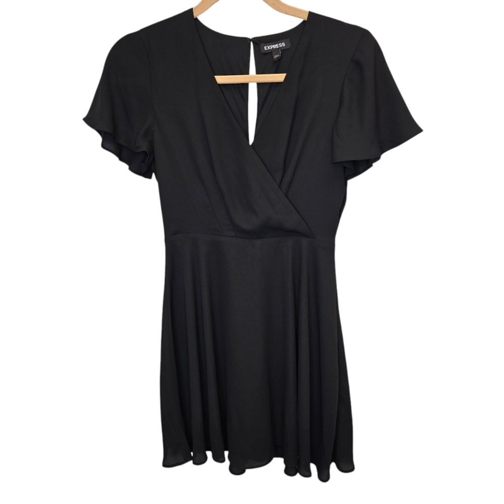 Express Women's 0 Black Surplice Flutter Sleeve Fit & Flare Mini Dress